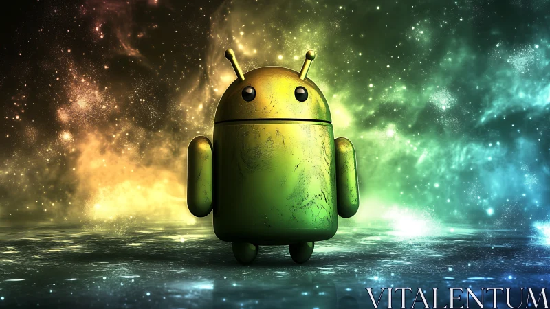 Android robot mascot stands in glowing cosmic nebula.
