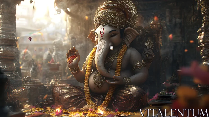 Ganesha enthroned in marigold light within a jeweled temple.