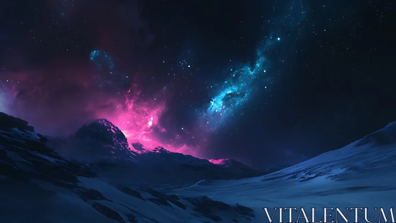 Digital painting of polar mountains under nebula sky glow.