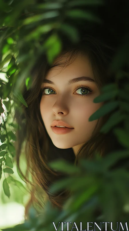 Forest-hued portrait framed by soft cascading foliage.