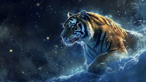 Tiger profile in luminous blue snow and starry darkness.