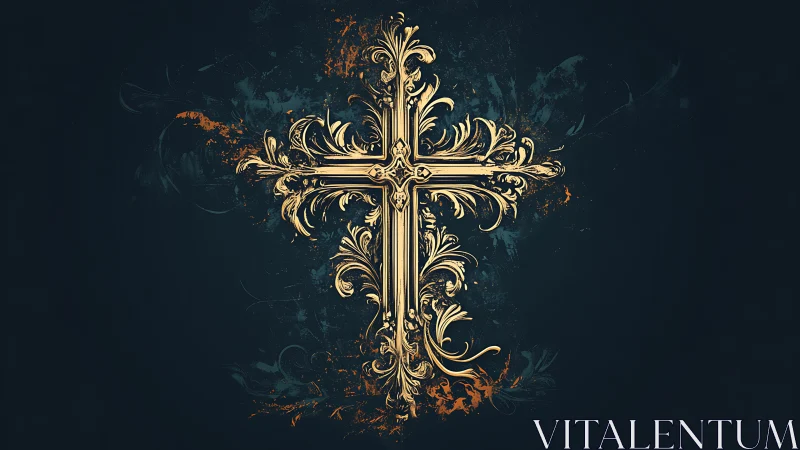 Ornate golden cross on dark textured abstract background.