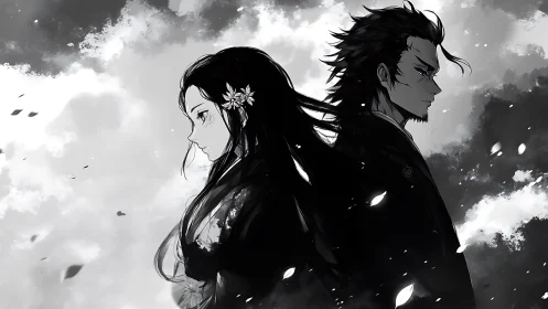 Back-to-back silhouettes trade vows with drifting petals