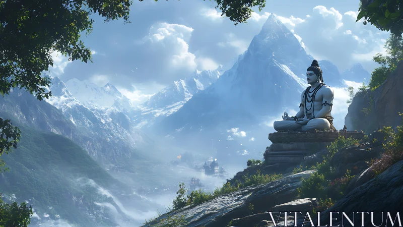 Serene mountain Shiva statue watching over misty valleys.