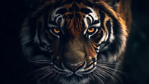 Golden-eyed tiger meets your gaze in quiet jungle shadows