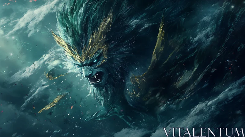 Storm-born sea guardian roaring through midnight waves.