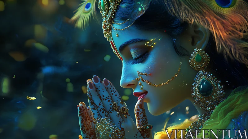 Praying woman in ornate jewelry and peacock feather headdress.