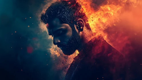 Fiery portrait of a thoughtful man wrapped in glowing embers.