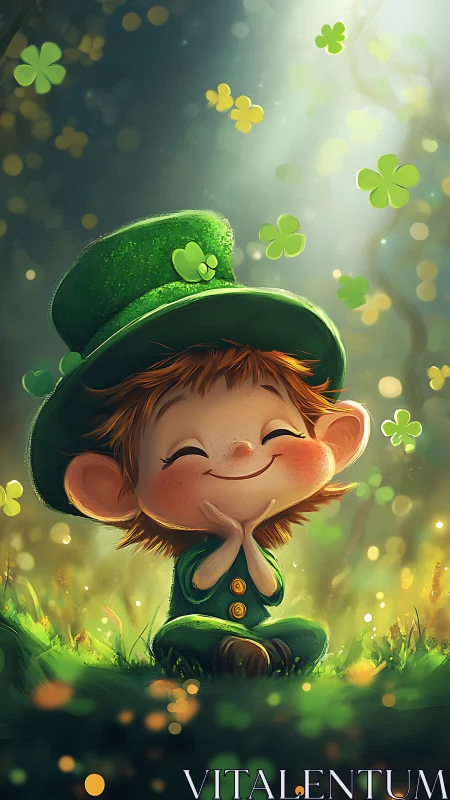 Smiling leprechaun child under clover light in lush forest.