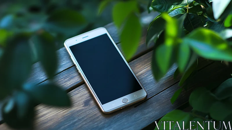 White smartphone rests on wooden surface surrounded by green leaves.