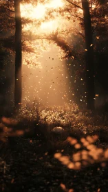 Sunlit autumn grove where drifting leaves sketch quiet magic.