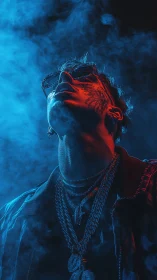 Cinematic low angle portrait with red blue split lighting haze