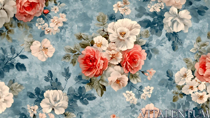 Classical Floral Composition: Red Roses and White Blooms Against Azure Background