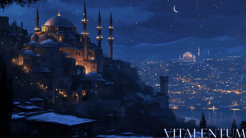 Moonlit hilltop city aglow with domes, towers, and stars.