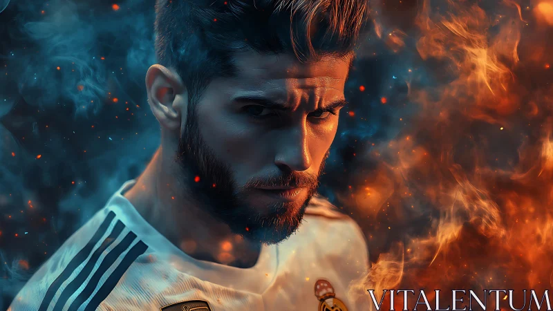 Male footballer portrait amid blue and orange smoke effects.