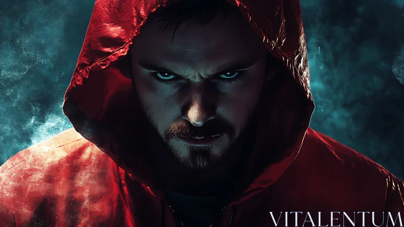 Intense hooded man in red jacket under dramatic rim lighting