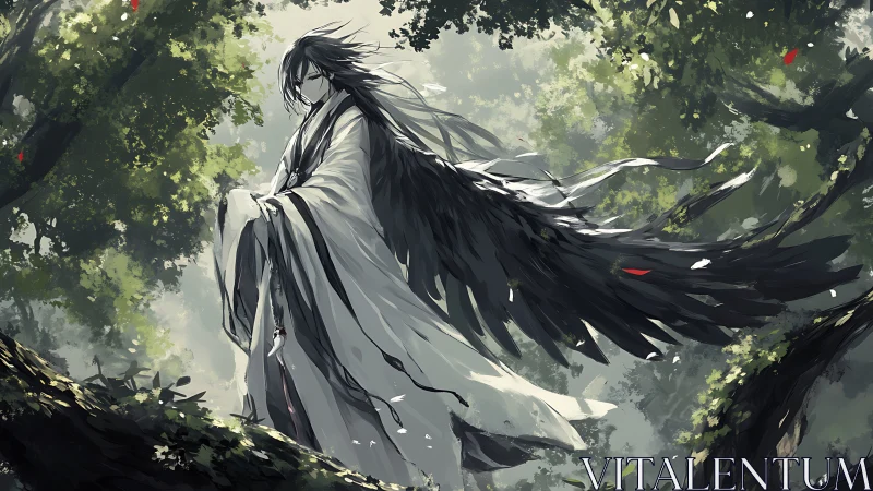 Forestborn raven angel drifting through painted morning light.