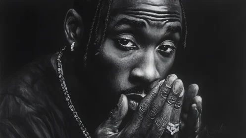 Monochrome close-up of man with hands near face.