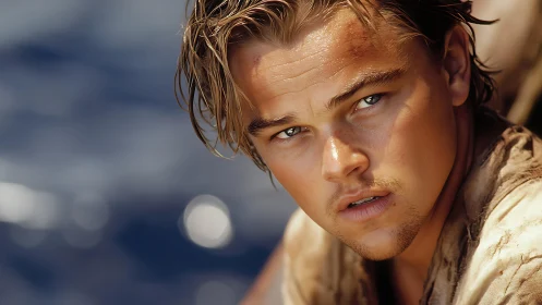 Sunlit young man gazes intently against a softly blurred sea