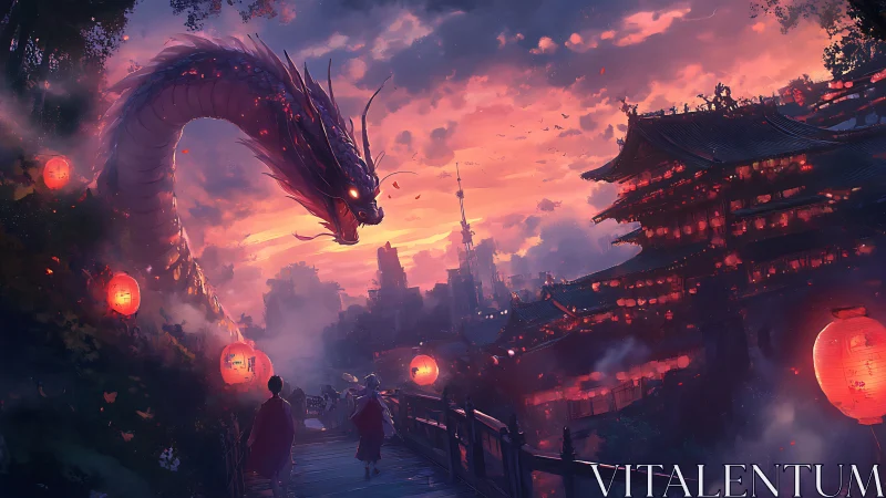 Serpentine dragon looms over lantern city at vivid sunset