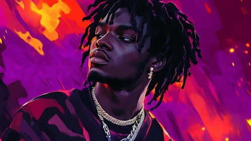 Neon ember prince in chains against a violet firestorm.