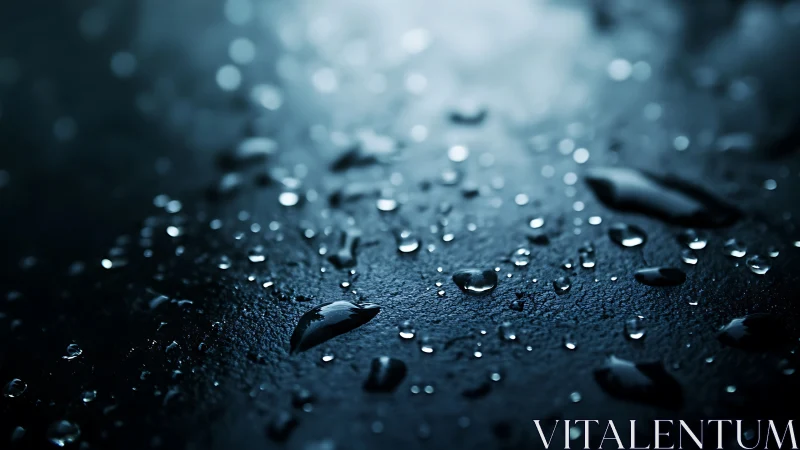 Glistening water droplets rest on a dark textured surface.