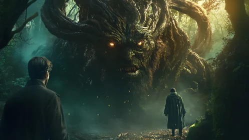 Two figures confront giant glowing-eyed forest creature.