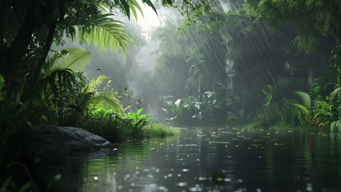 Rain-whispered jungle river hushes the glowing green silence
