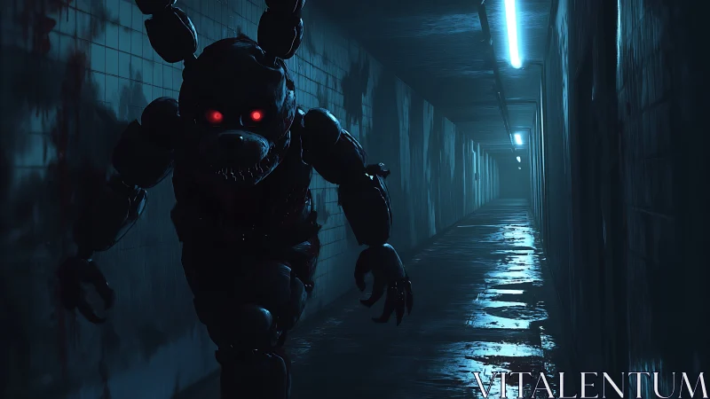Animatronic creature advances through dark wet corridor