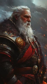 Storm-scarred warlord strides through embers and gathering dusk.