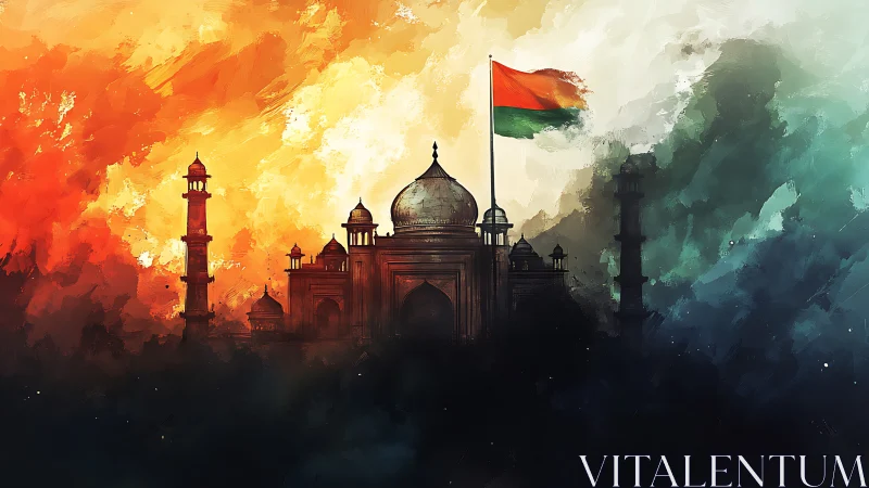 Monument of dusk and dawn crowned by a blazing tricolor flag.