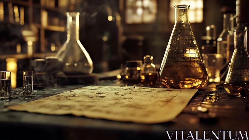 Amber-lit alchemy lab where glass flasks guard secret formulas.