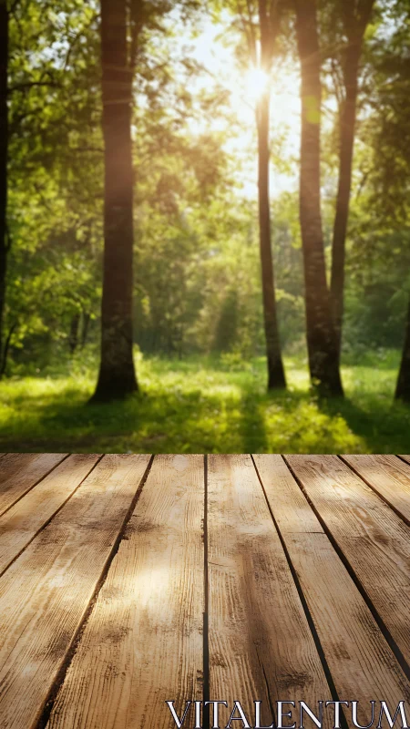 Wooden Deck Platform with Atmospheric Forest Backlighting and Depth Composition