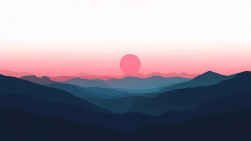 Blush horizon sun melting over layered twilight mountainscape.