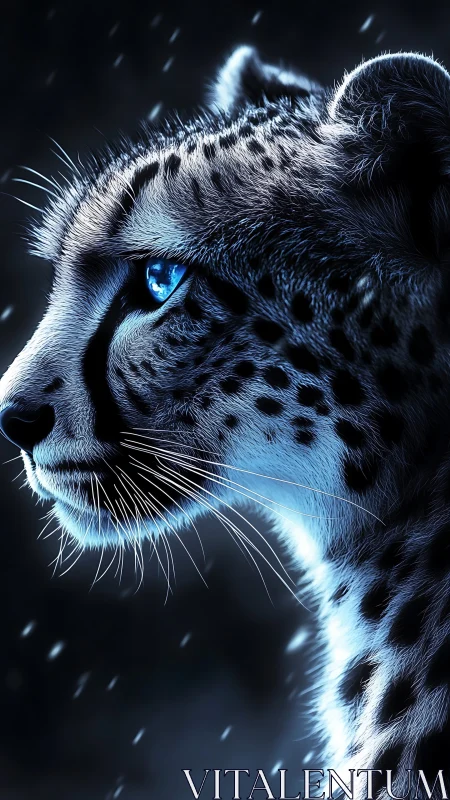 Snow Leopard Portrait: Piercing Blue Eyes in Nocturnal Illumination.