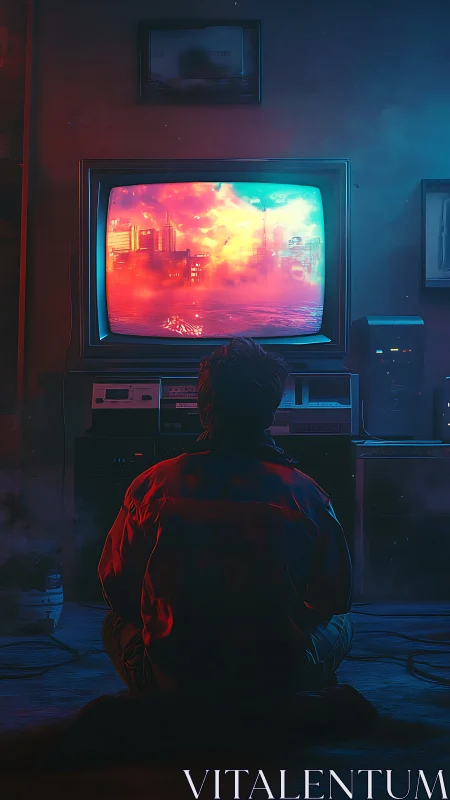 Person watching neon cityscape on retro CRT television.