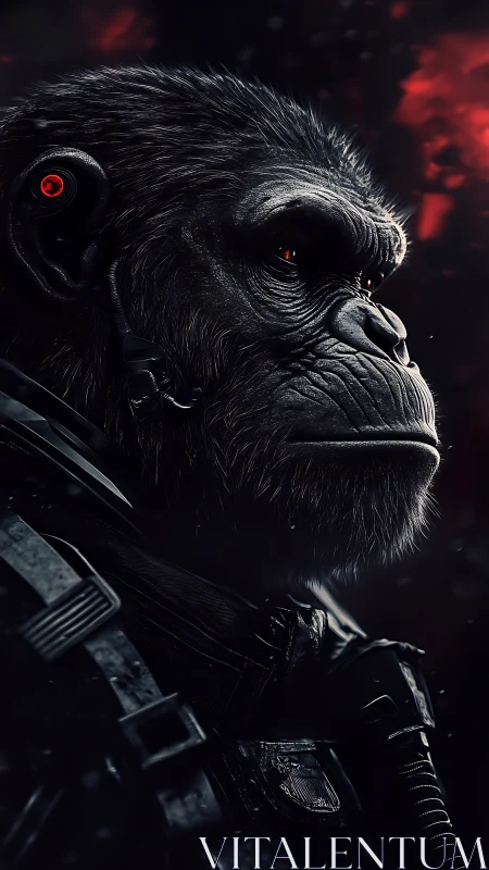 Cybernetic primate in tactical armor rendered with high contrast