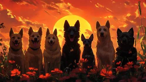 Seven dogs glow under blazing sunset over scarlet field.