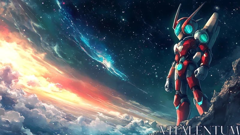 Starry horizon sentinel in sleek red space armor.