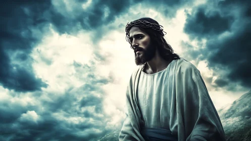 Digital painting of solemn robed figure under stormlit sky.