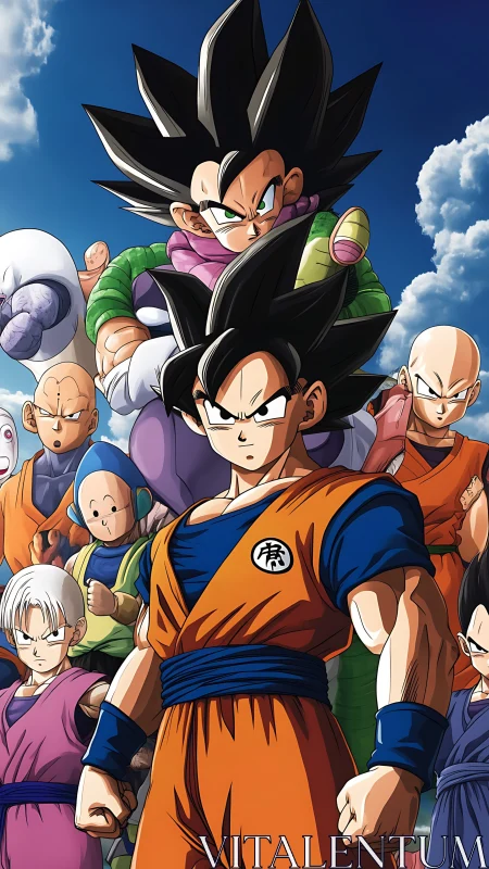 Legendary anime heroes standing united under bright skies.