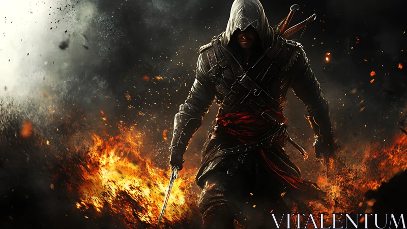 Hooded rogue warrior strides through blazing battlefield.