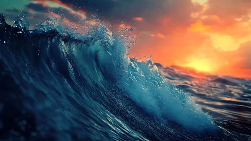 Sunset wave crest under vivid burning sky at sea.