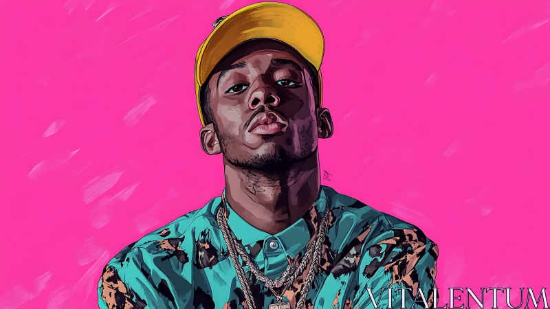 Bold street-cool portrait under neon-pink swagger sky.