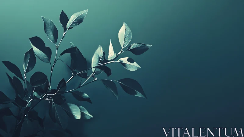 Minimalist leafy branch on blue gradient background, moody lighting.