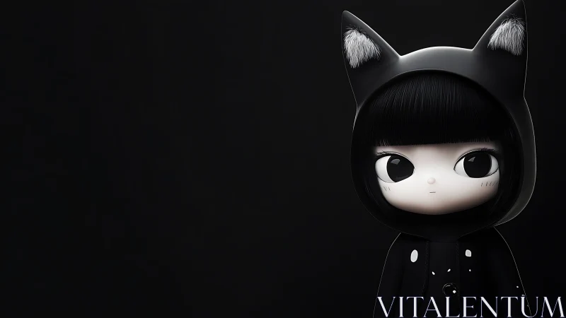 Chibi girl in black cat hoodie stands against dark void