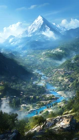 Snowcapped peak overlooks lush river valley at sunrise.