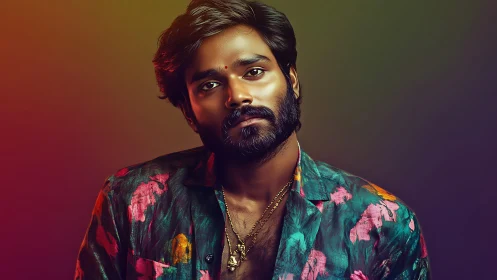 Velvet gaze in neon hues, a floral shirted dreamer. Period.