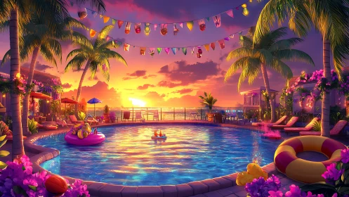 Tropical resort pool overlooks vivid ocean sunset sky