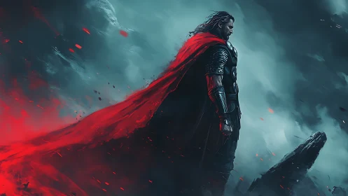 Warrior in red cape stands against stormy teal sky